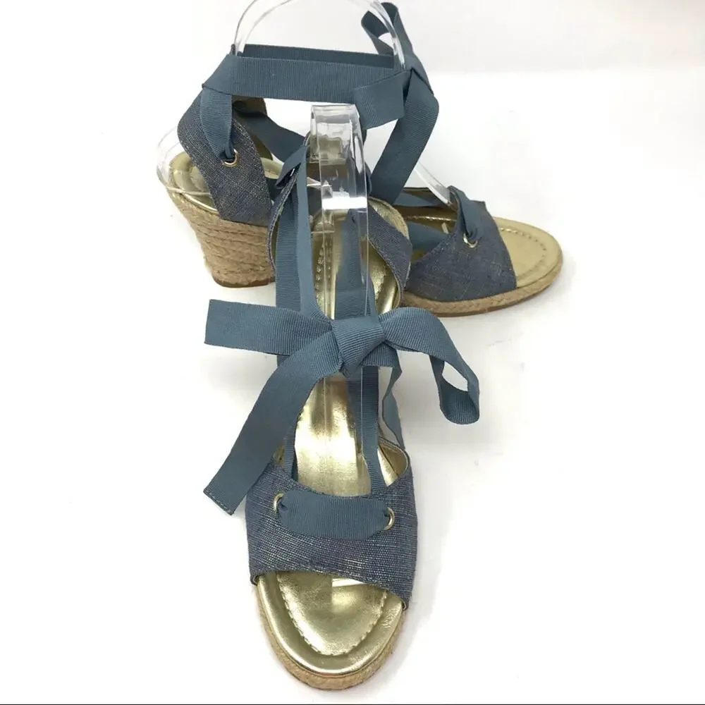 Antonio Melani-7 1/2-“Ariel” Blue Metallic Ankle Wrap Espadrille Wedge Sandals